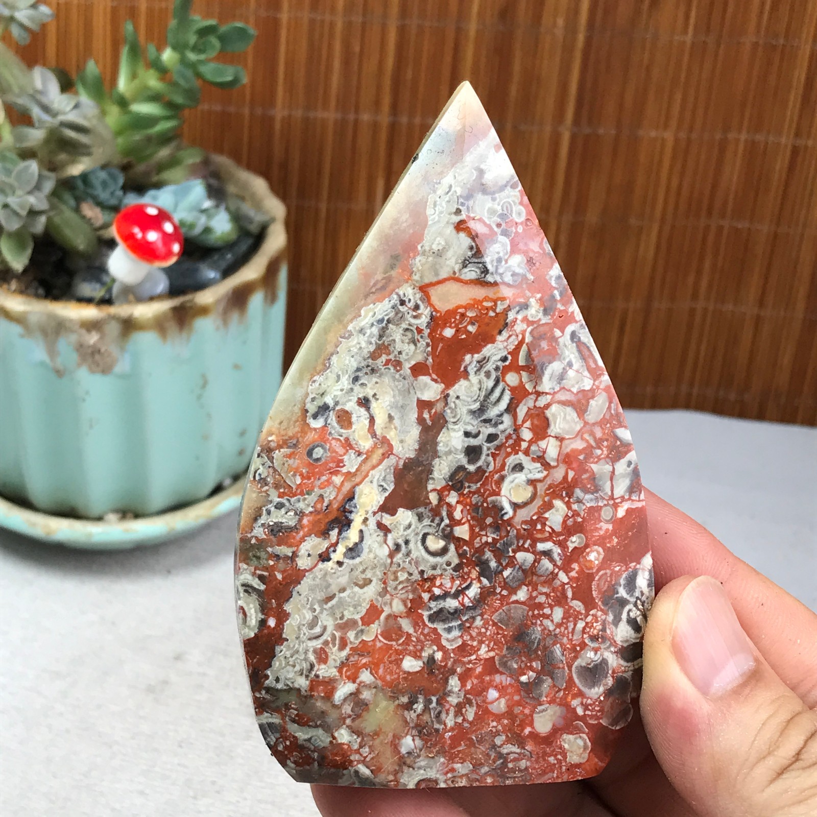 Natural money Mexico agate hand carve leaf Crystal Specimen free standing A6262