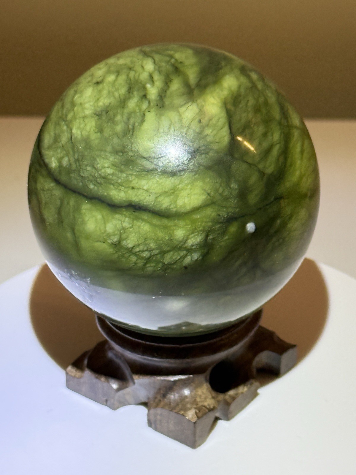 STUNNING Polished Nephrite Jade Sphere w/ Wooden Stand