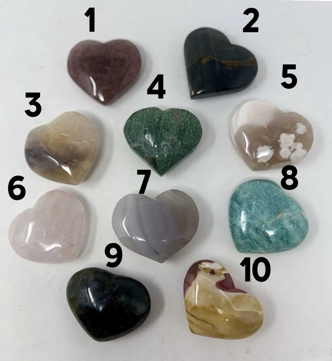 1 1/2 Lbs. Lot Of 10 Crystal Polished 2” Hearts Mixed Materials Good Quality
