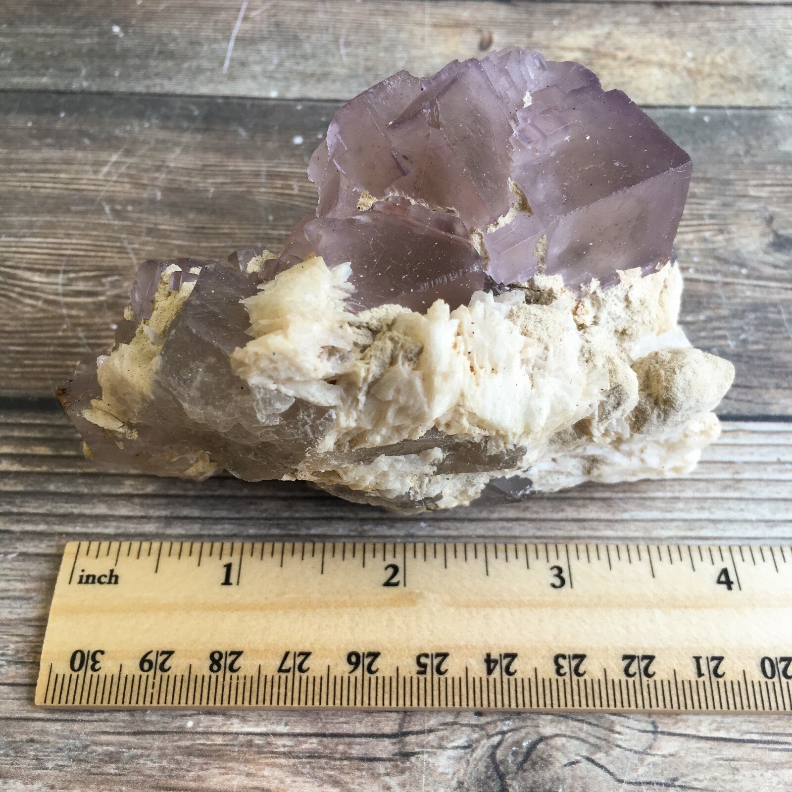Purple (Lilac) Fluorite Crystal Cluster w/ Baryte: 3.8″ Long; 13.9 oz (394 g);