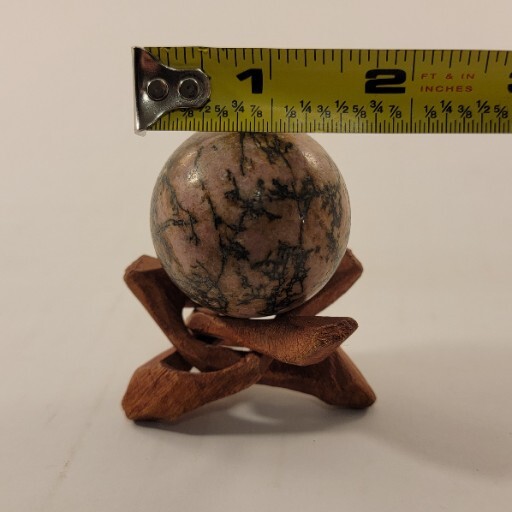Rhodonite Sphere Polished Rock Pink Gemstone With Wooden Tripod Stand
