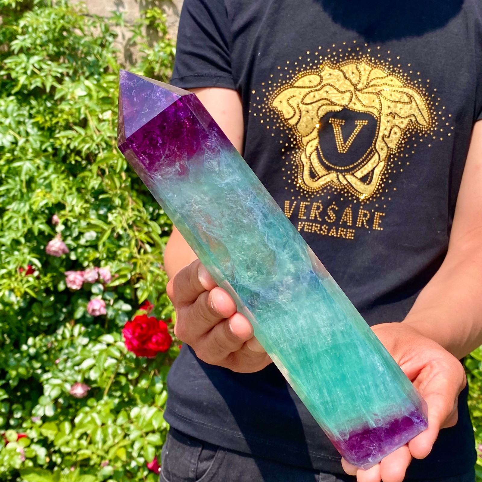 2.9LB Natural rainbow fluorite obelisk quartz crystal wand point Gem Healing
