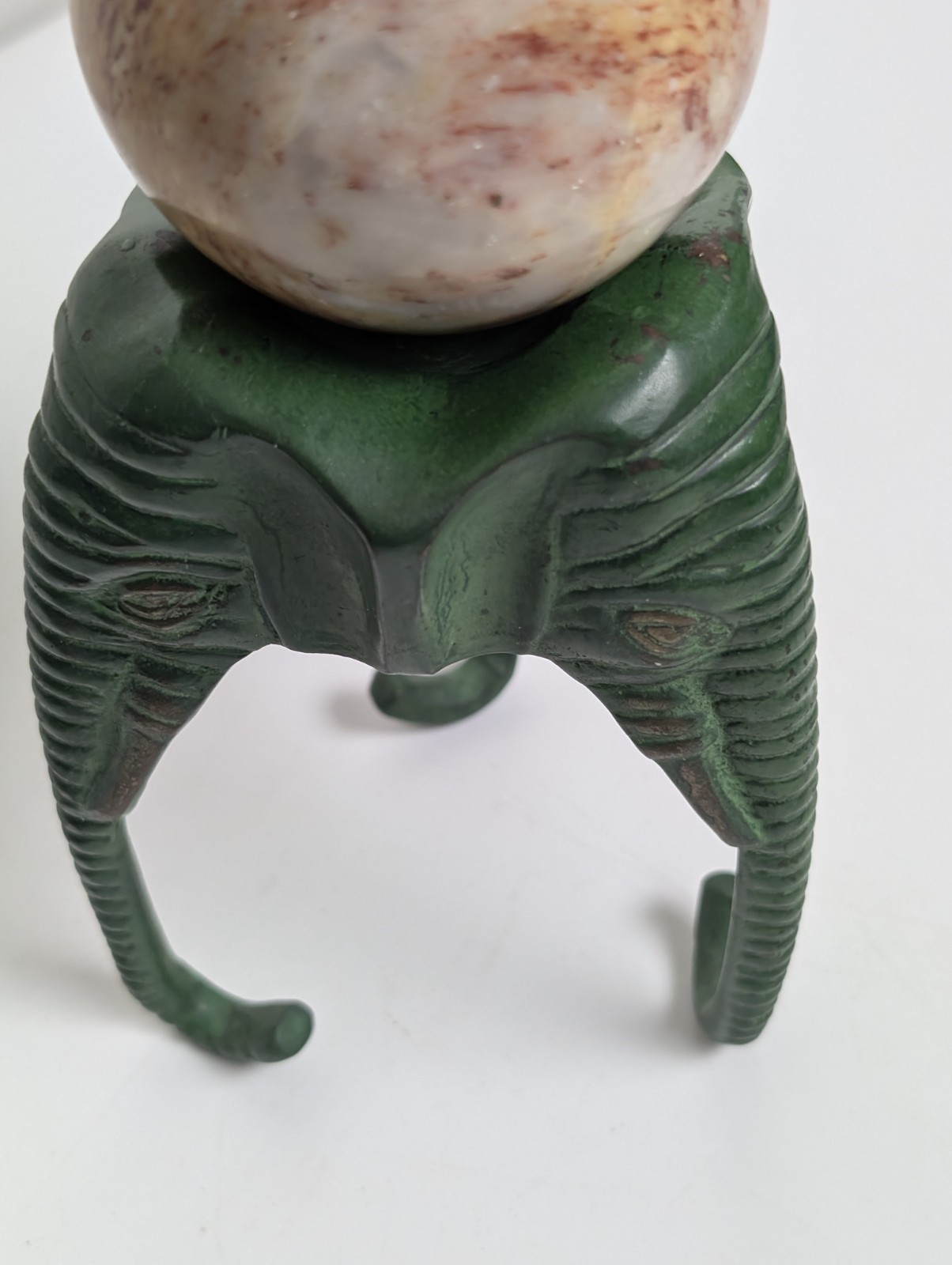 Elephant Head Sphere Stand w Marble Onyx Ball Verdigris Green 8″