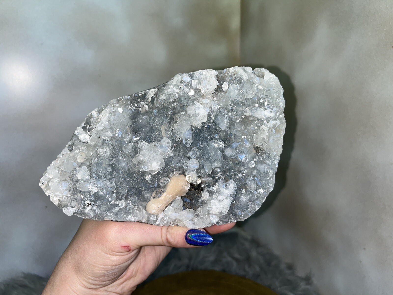 Peach Stilbite on Diamond Apophyllite And Blue/Grey Chalcedony