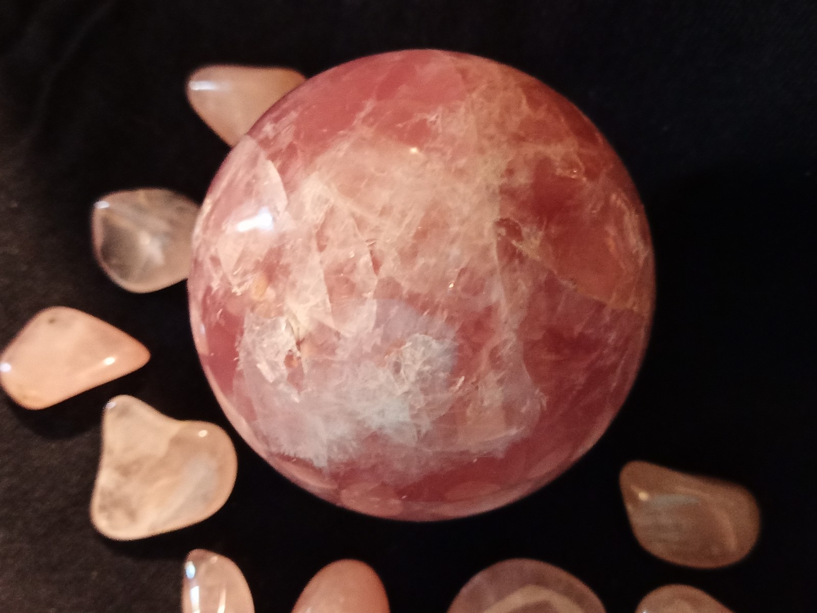 Brazil Rose Quartz Collection, Sphere 62mm, 2 Pillars, 10 Pocket Stones, Gemmy!