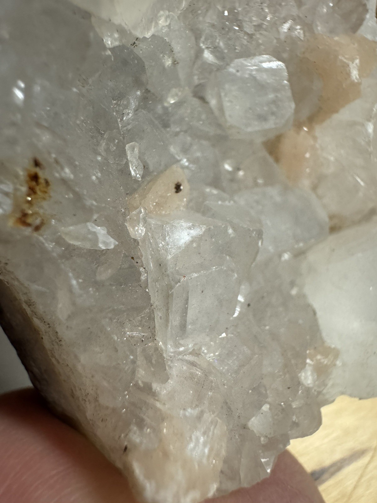 7099 Apophyllite With Stilabite India 1.5”T 2.0”W 3.4”L Wt. 8 Oz.
