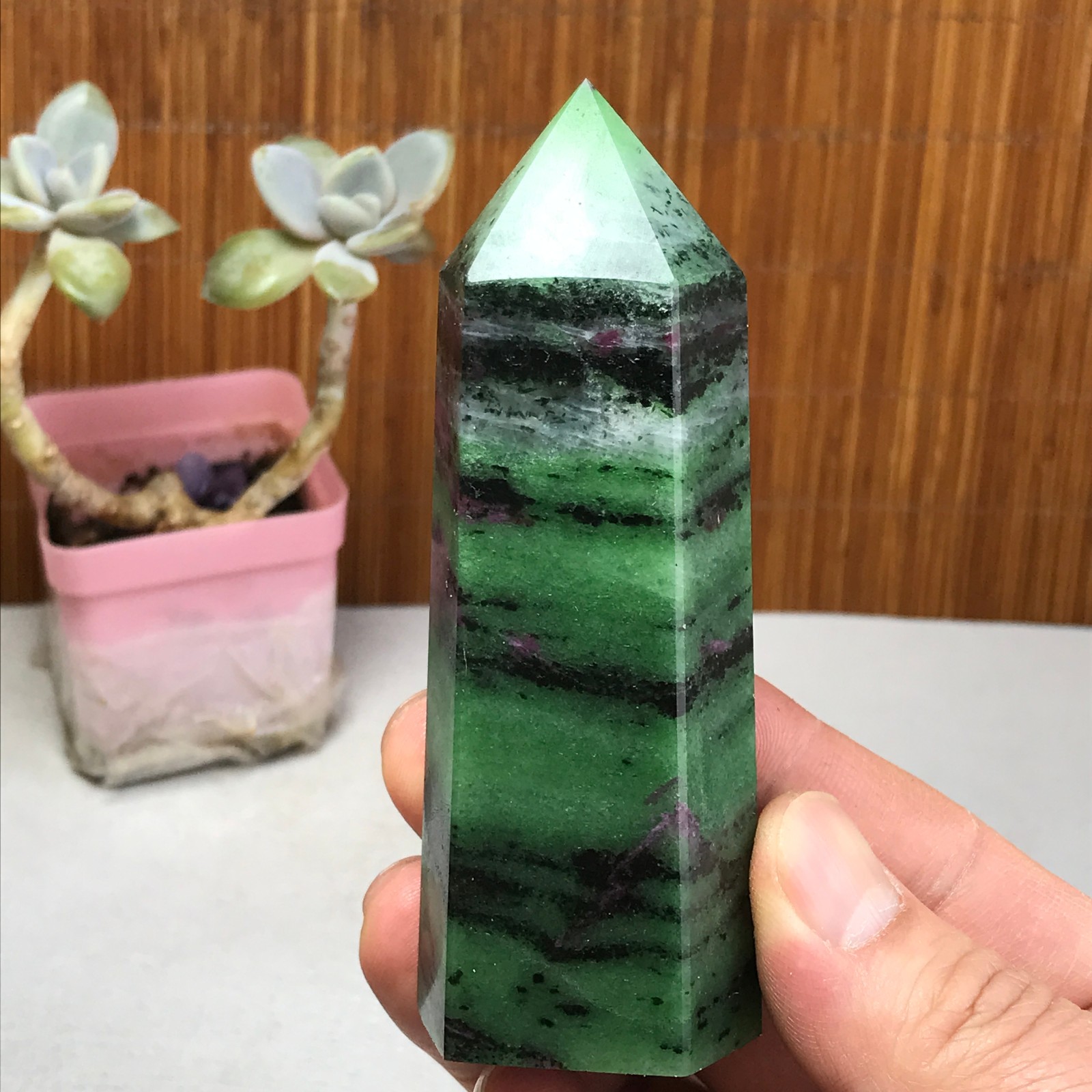 101-35-28mm Natural epidote wand Obelisk Crystal Quartz specimens 210g A3467
