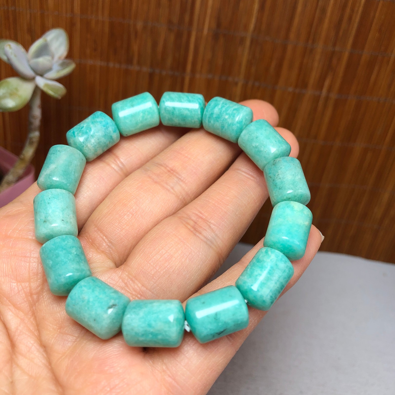 Natural amazon stone Bracelet Brown Gemstone Stretch Bucket bead Handmade A3700