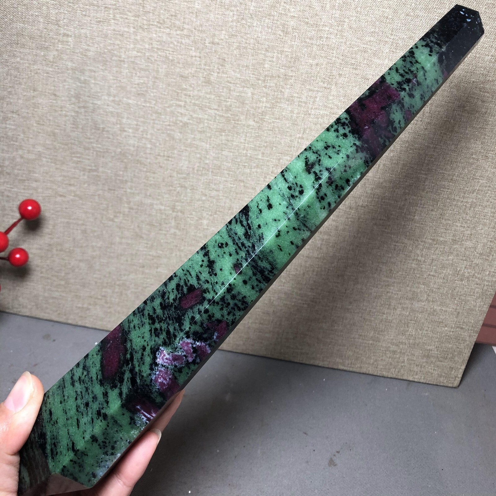 295mm Long Natural red green epidote wand Obelisk Crystal specimens 716g A4537