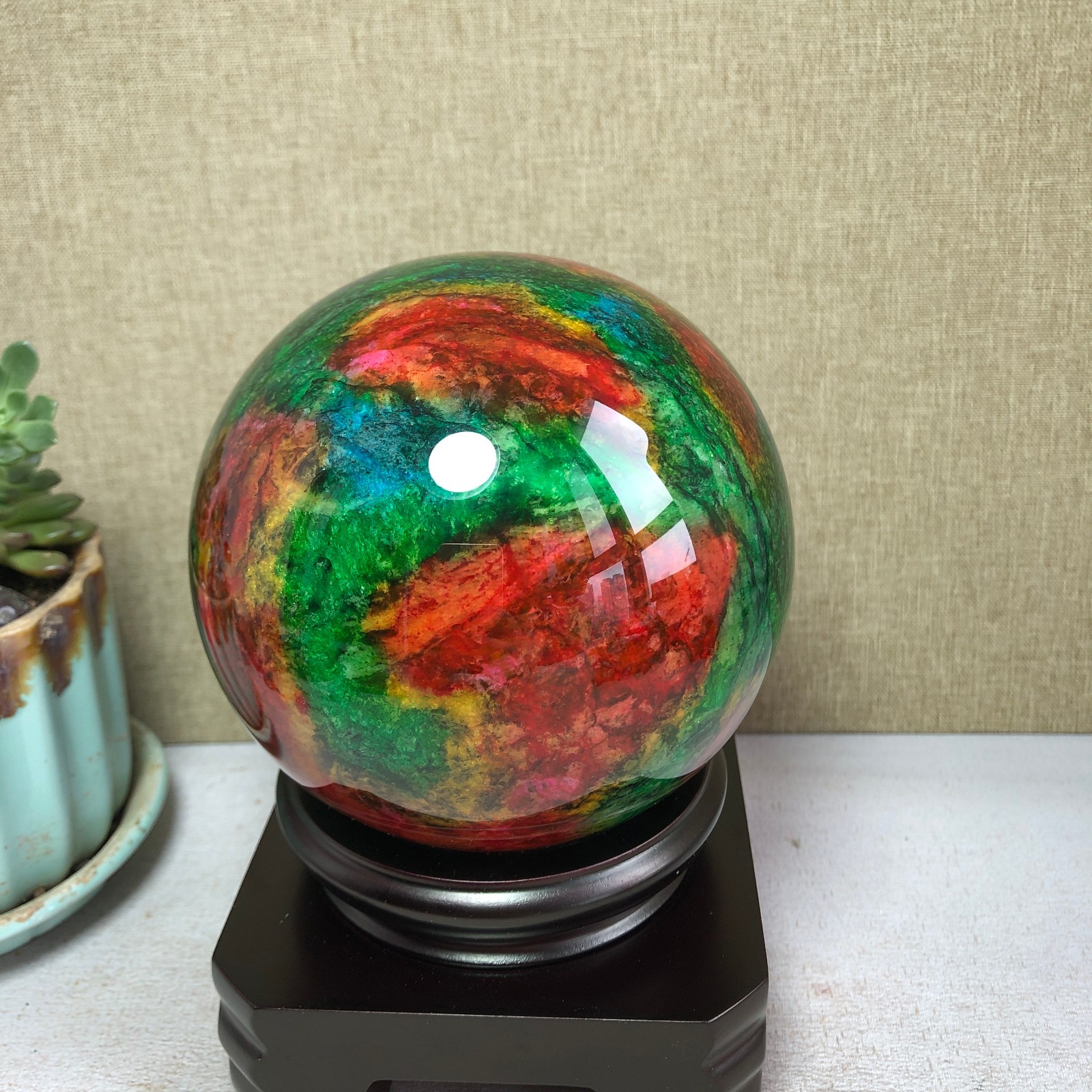 Natural “Seven Colors Jade” sphere flat bottom specimen Taiwan China 99mm A4581