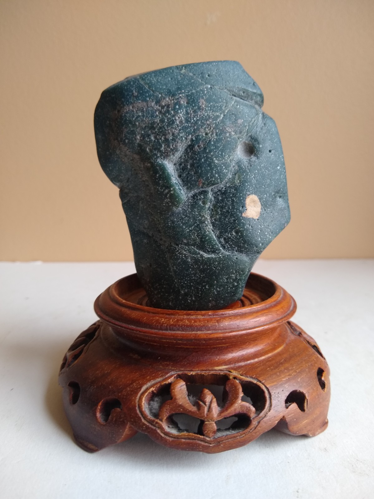 Large Michigan Leland Slag Glass Blue Scholar Stone w/ Base. Exceptional & Rare.