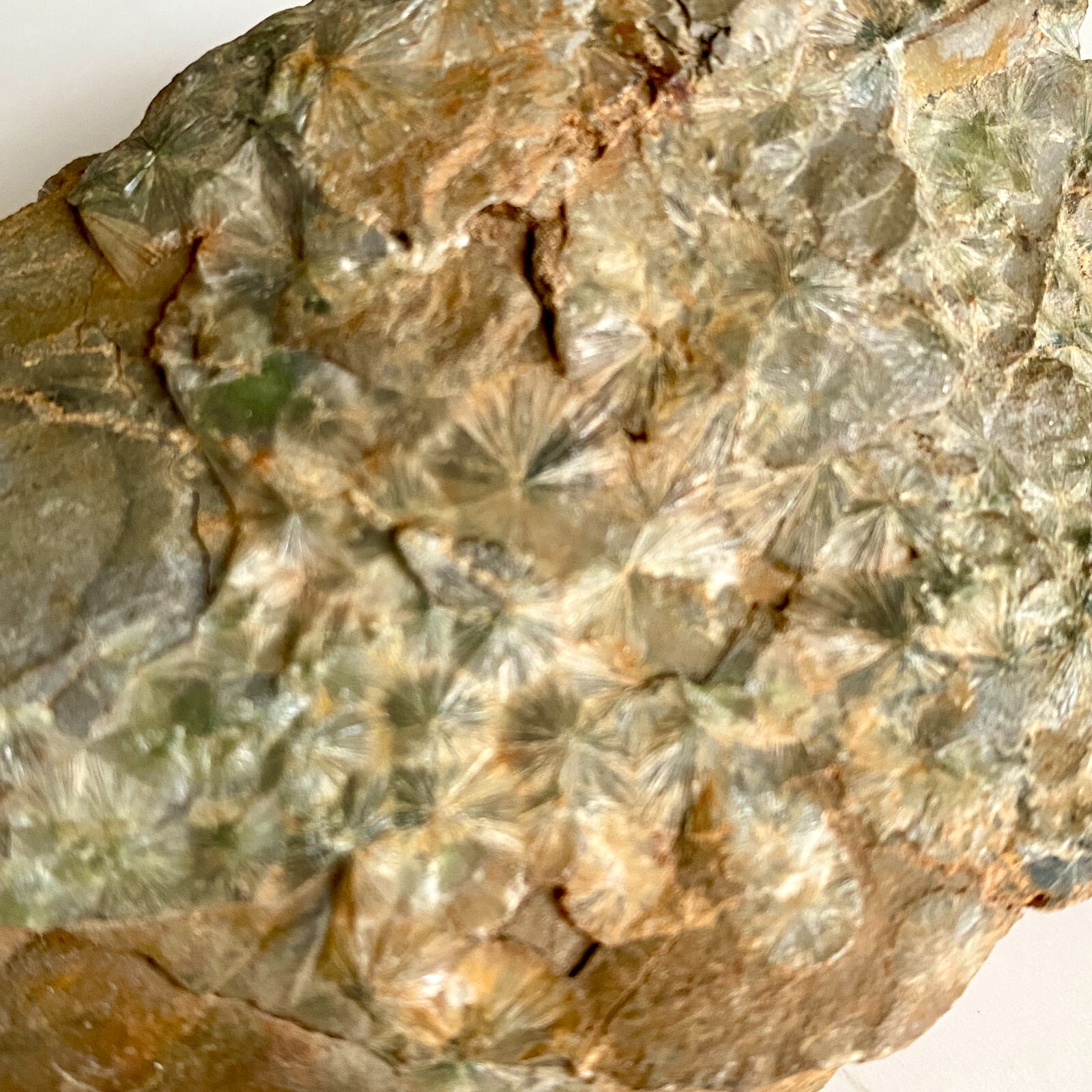 Wavellite starburst translucent crystal clusters on matrix, light green, brown