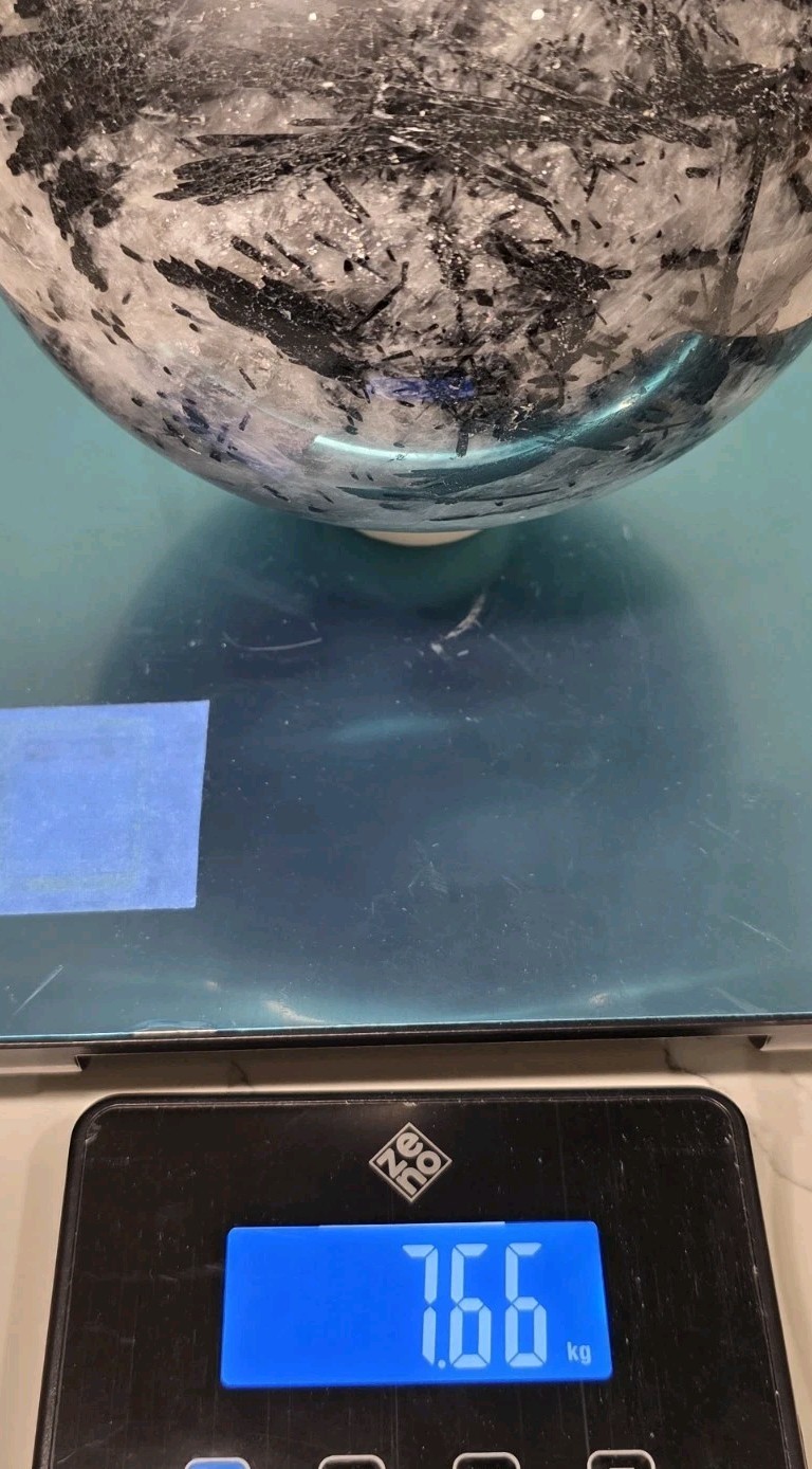 16.8LB 7″ Huge Tourmalinated Quartz Sphere Black Tourmaline Crystal Orb / Stand