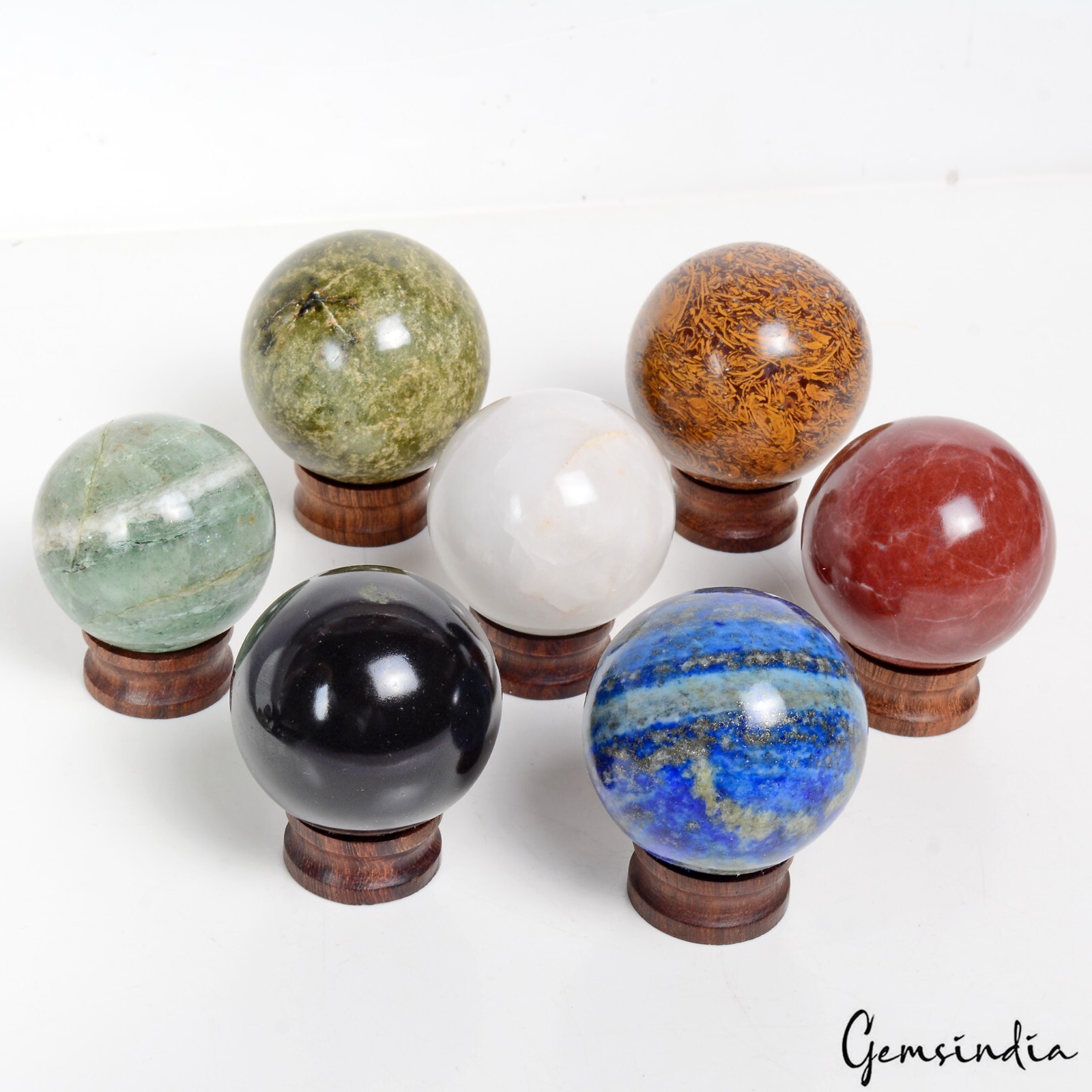 4880 Ct 7 Pcs Set Of Multigems Crystal Sphere Ball Polished Healing w/ Stand