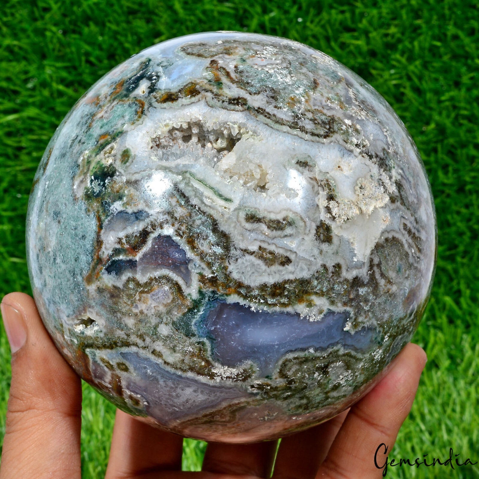4.25 in Large Natural Moss Agate Geode Druzy Sphere Quartz Crystal Ball Healing