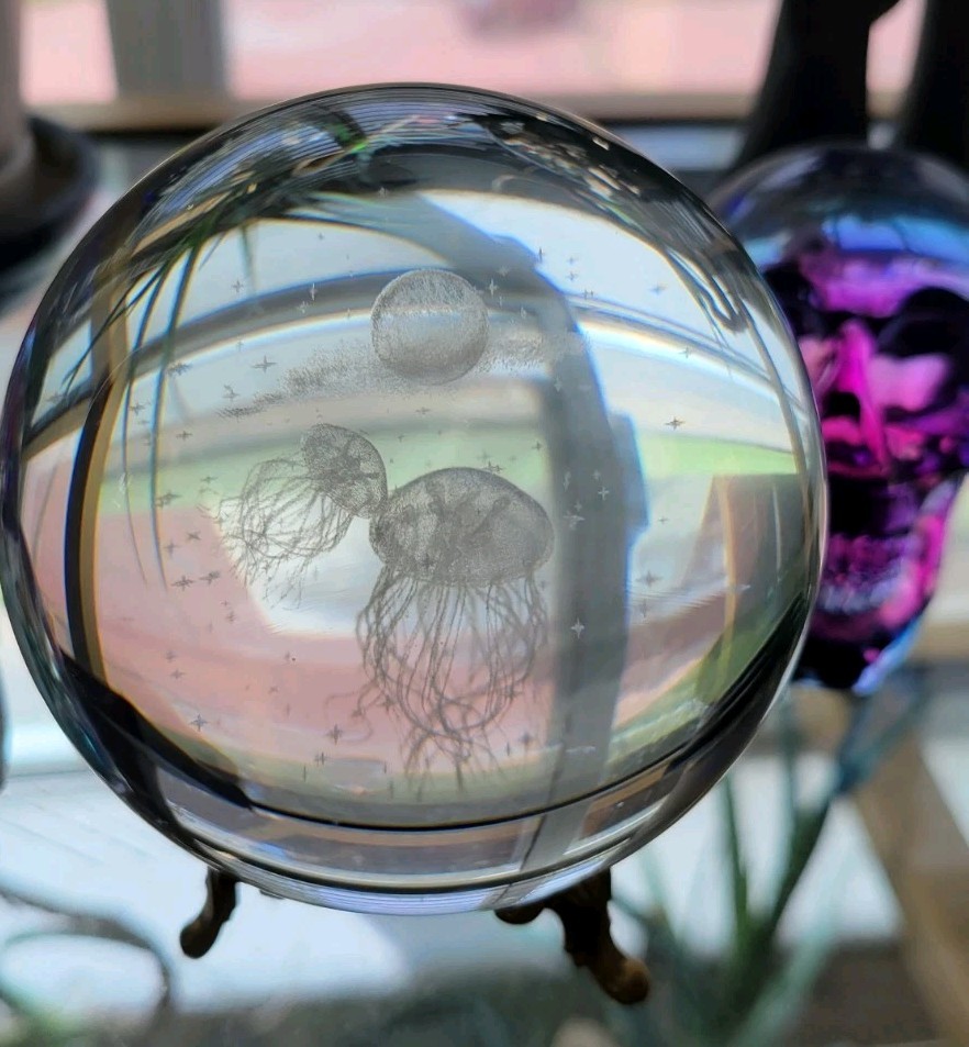 Jellyfish Crystal Ball No Stand, 3D Laser Engraved Glass Sphere Decorative Ball
