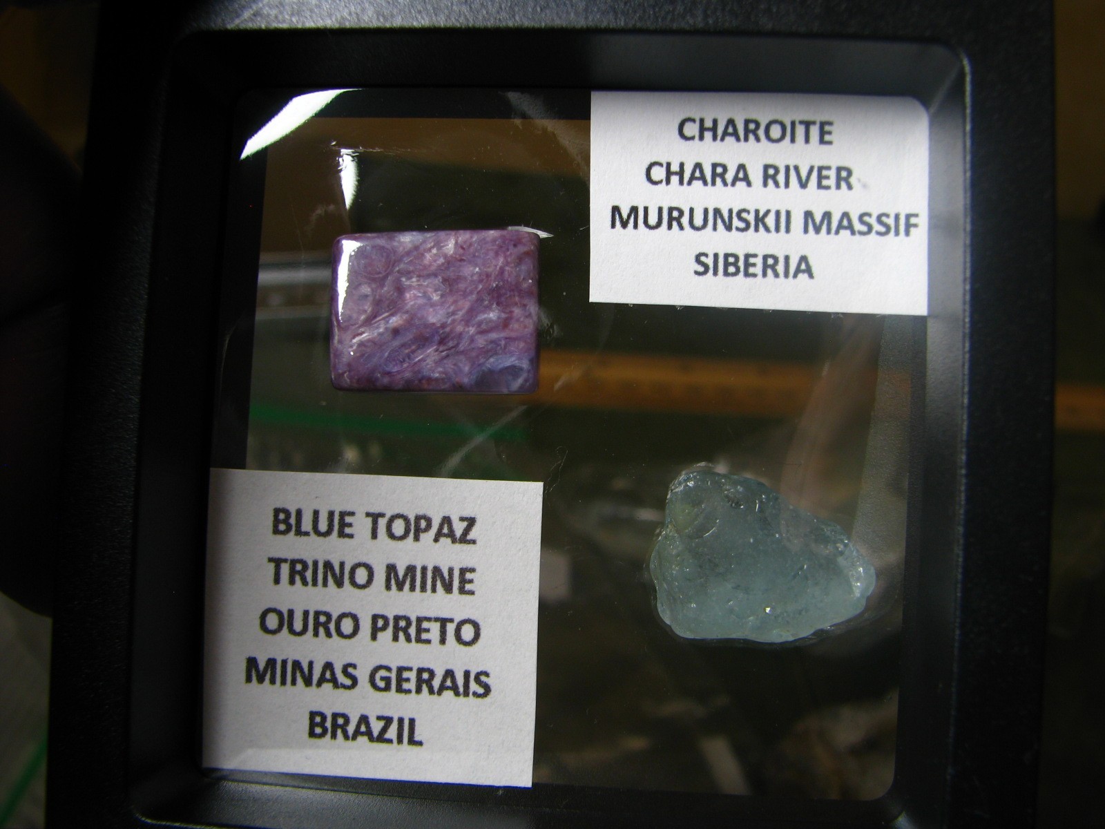 2 THUMBNAILS CHAROITE-SIBERIA BLUE TOPAZ-BRAZIL IN DISPLAY CASE #222