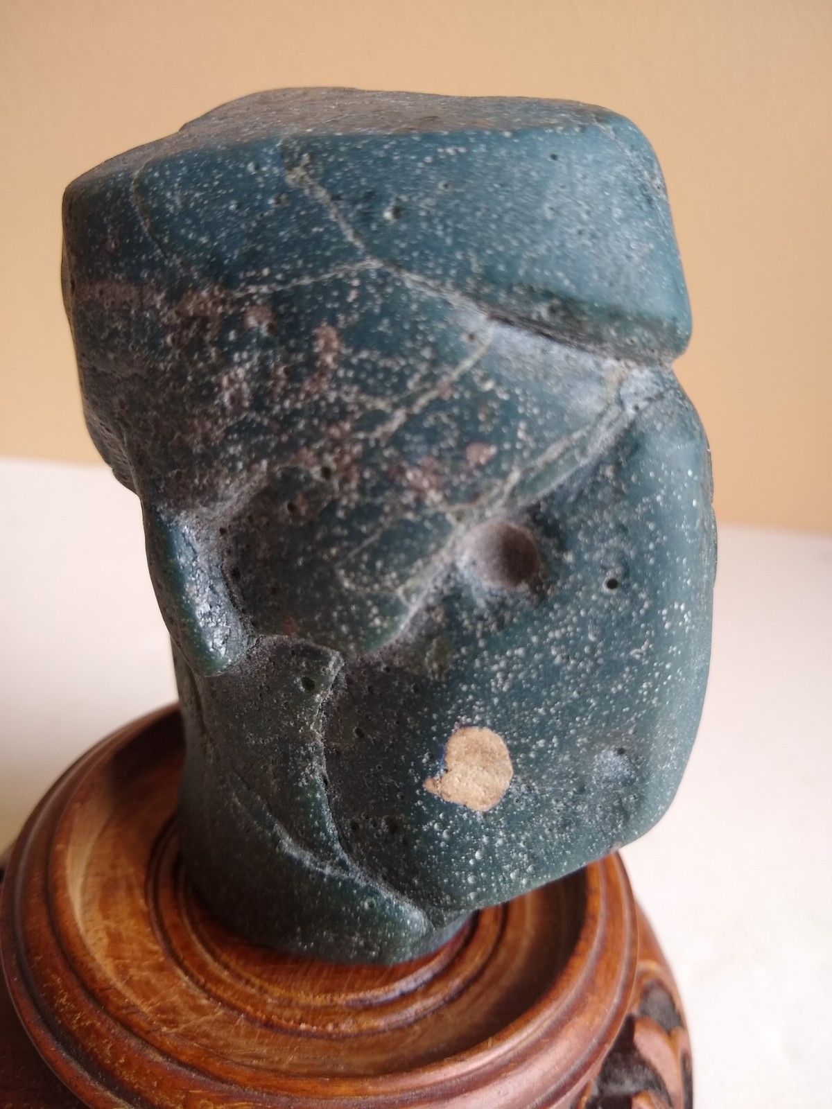 Large Michigan Leland Slag Glass Blue Scholar Stone w/ Base. Exceptional & Rare.