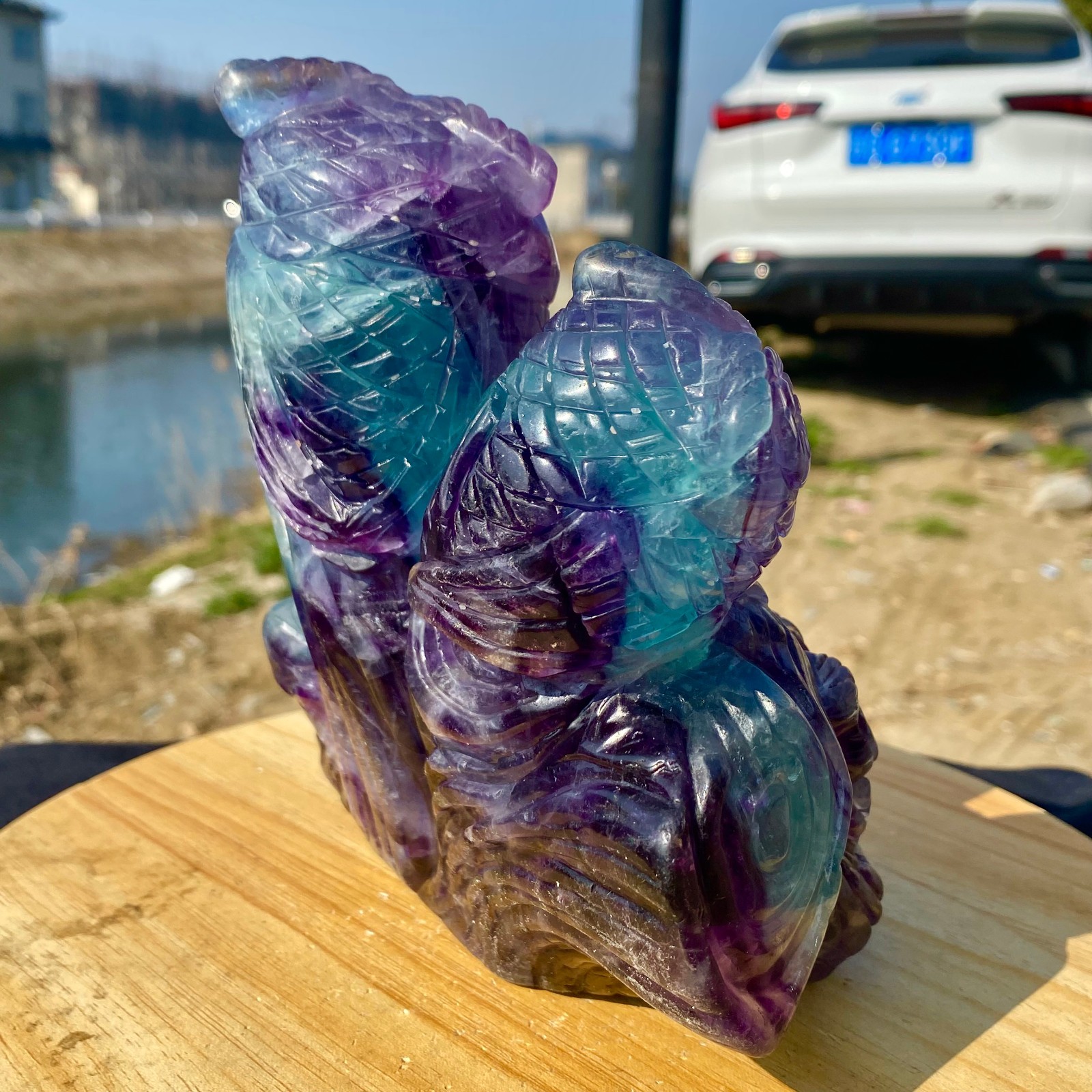 5.62LB Natural Fluorite Quartz Owl Sculpture Hand Carved Crystal Reiki Energy