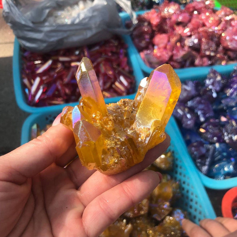 50g Natural Yellow Aura Titanium Stone Quartz Crystal Cluster Geode Specimens US