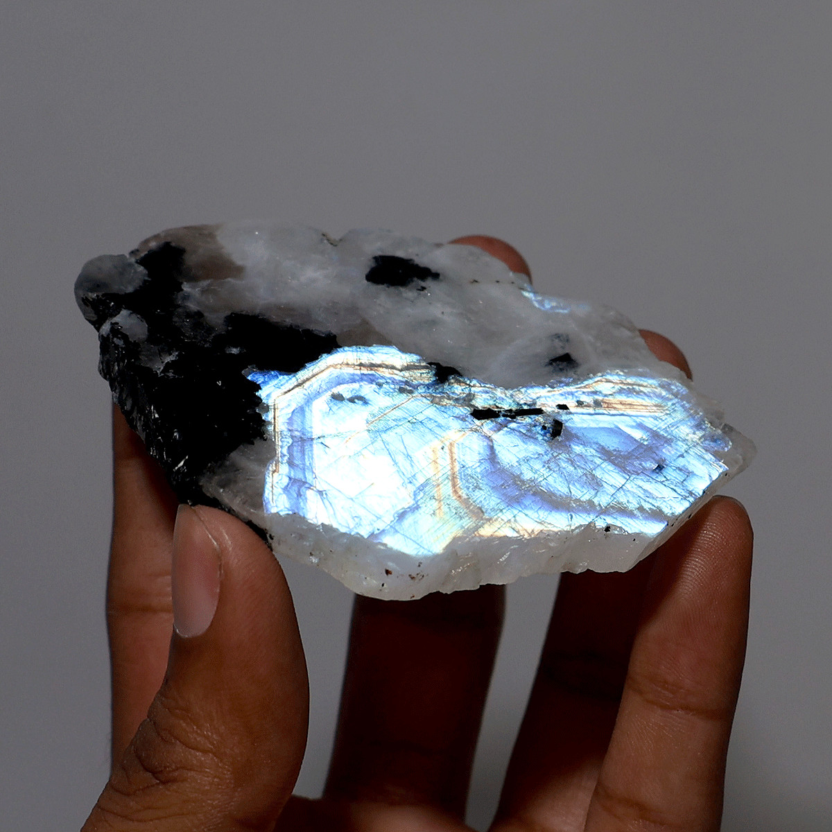 Divine Intuition — Natural Rainbow Moonstone W/ Tourmaline Electric Fire Slab