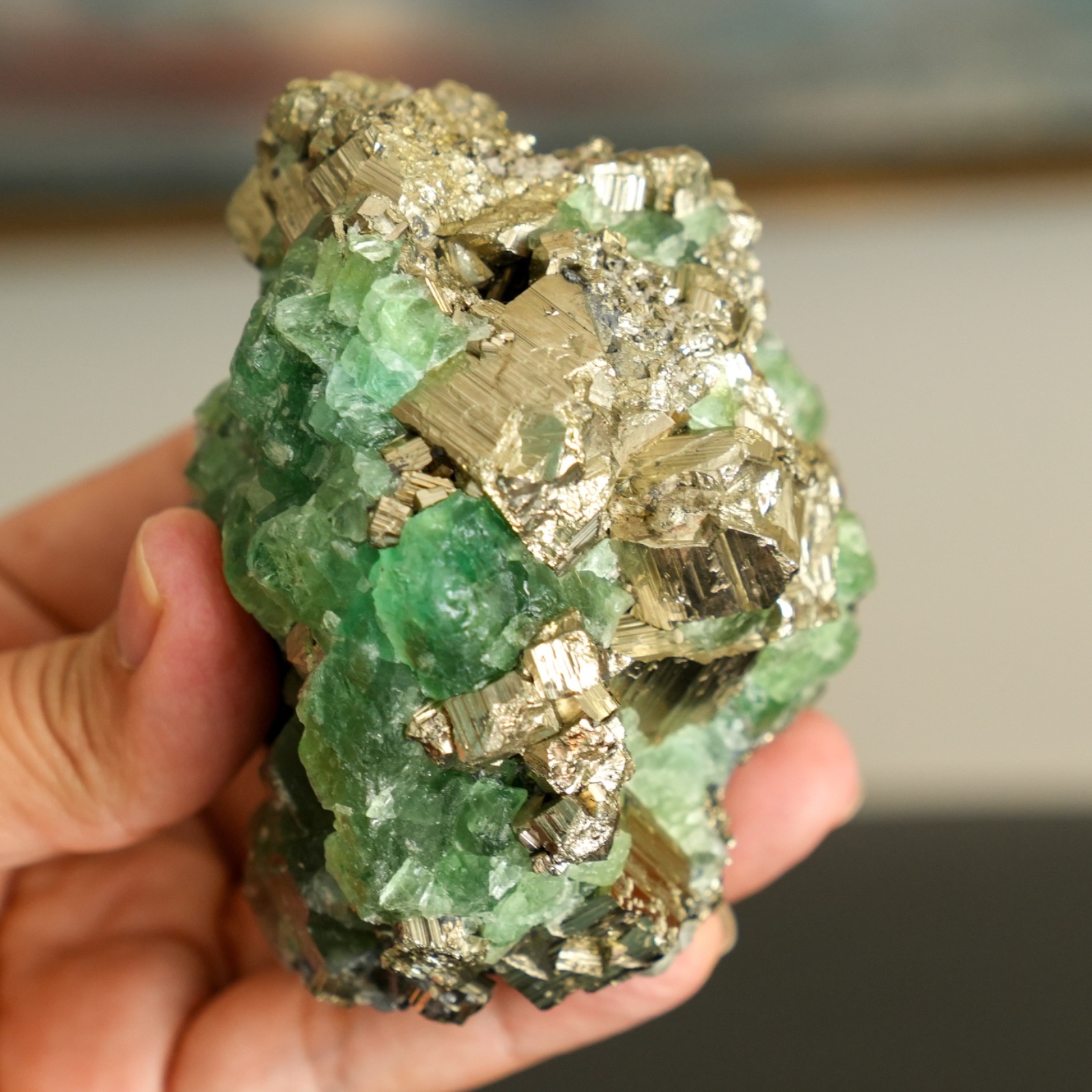 Rare Peruvian Green Fluorite with Golden Pyrite Cubes – Huanzala, Peru, 1.299 lb