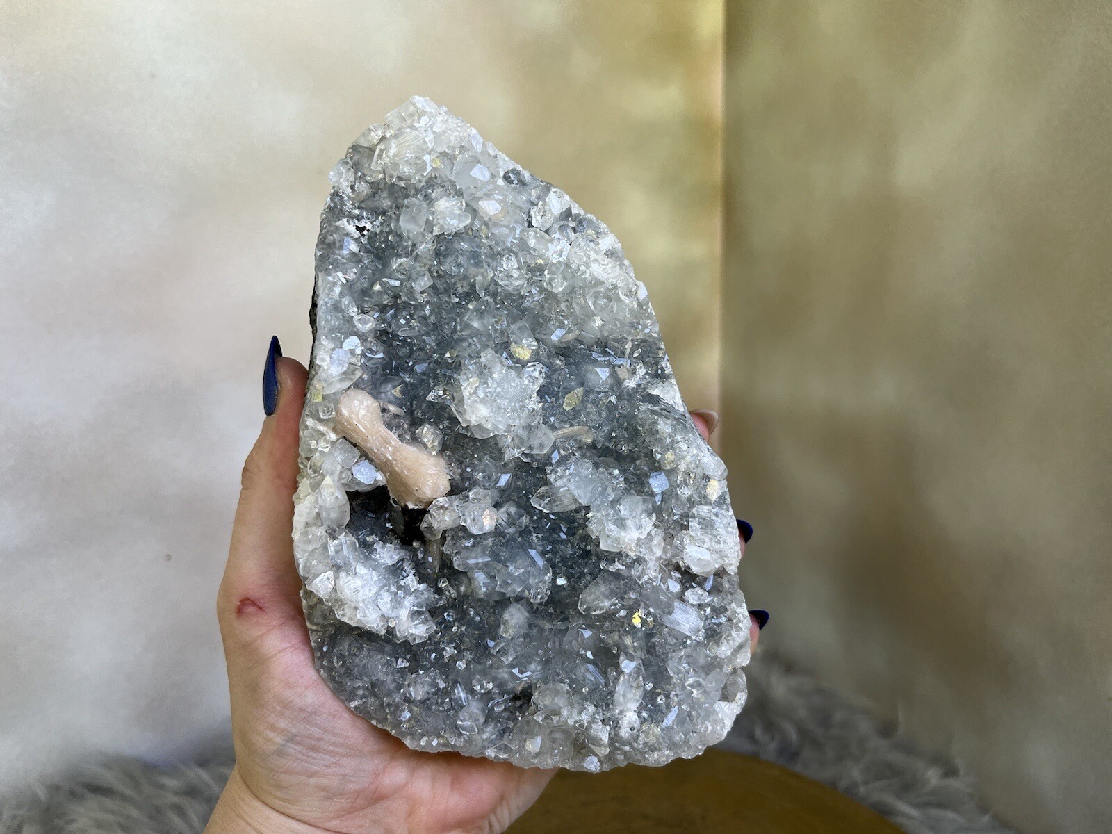 Peach Stilbite on Diamond Apophyllite And Blue/Grey Chalcedony