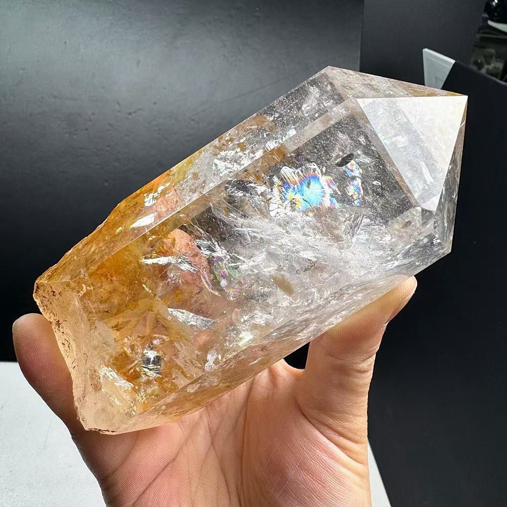 2.2LB Natural Rainbow White Quartz Obelisk Crystal Energy Tower Reiki +Stand