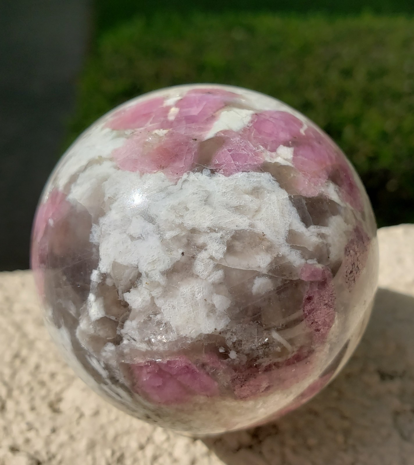 2.49″ Pink Tourmaline Smoky Quartz White Albite UV Crystal Sphere Orb Ball, 356g