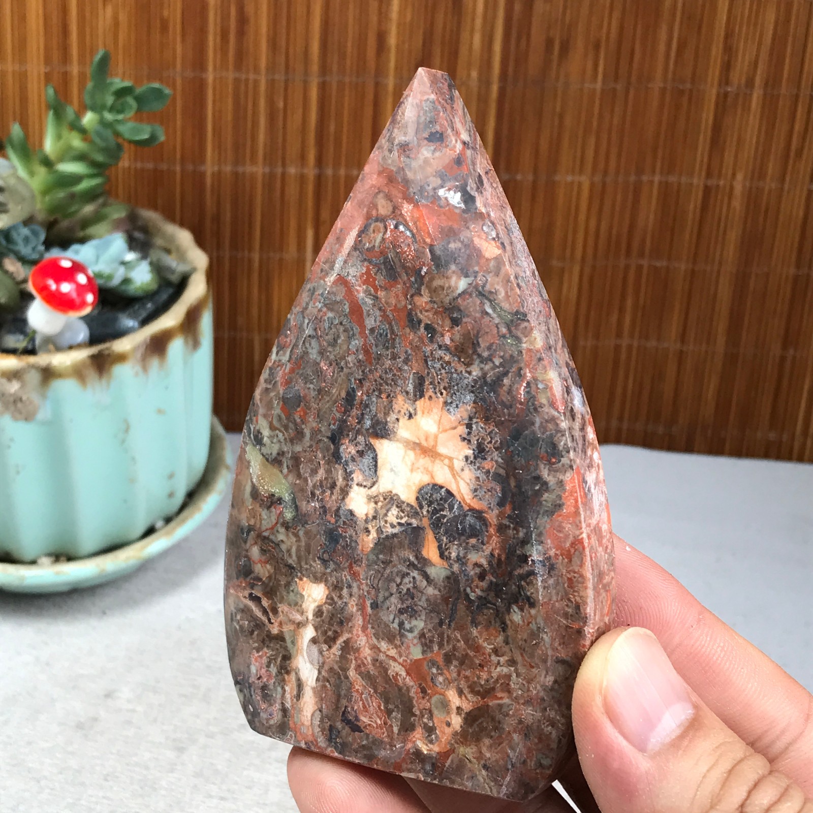 Natural money Mexico agate hand carve leaf Crystal Specimen free standing A6273