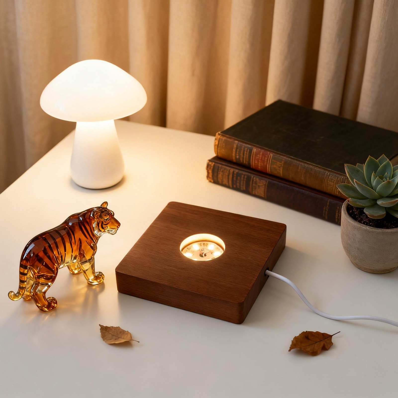 2Pcs Wooden LED Light Base Display Lighted Base for Crystals – Brown Square W…