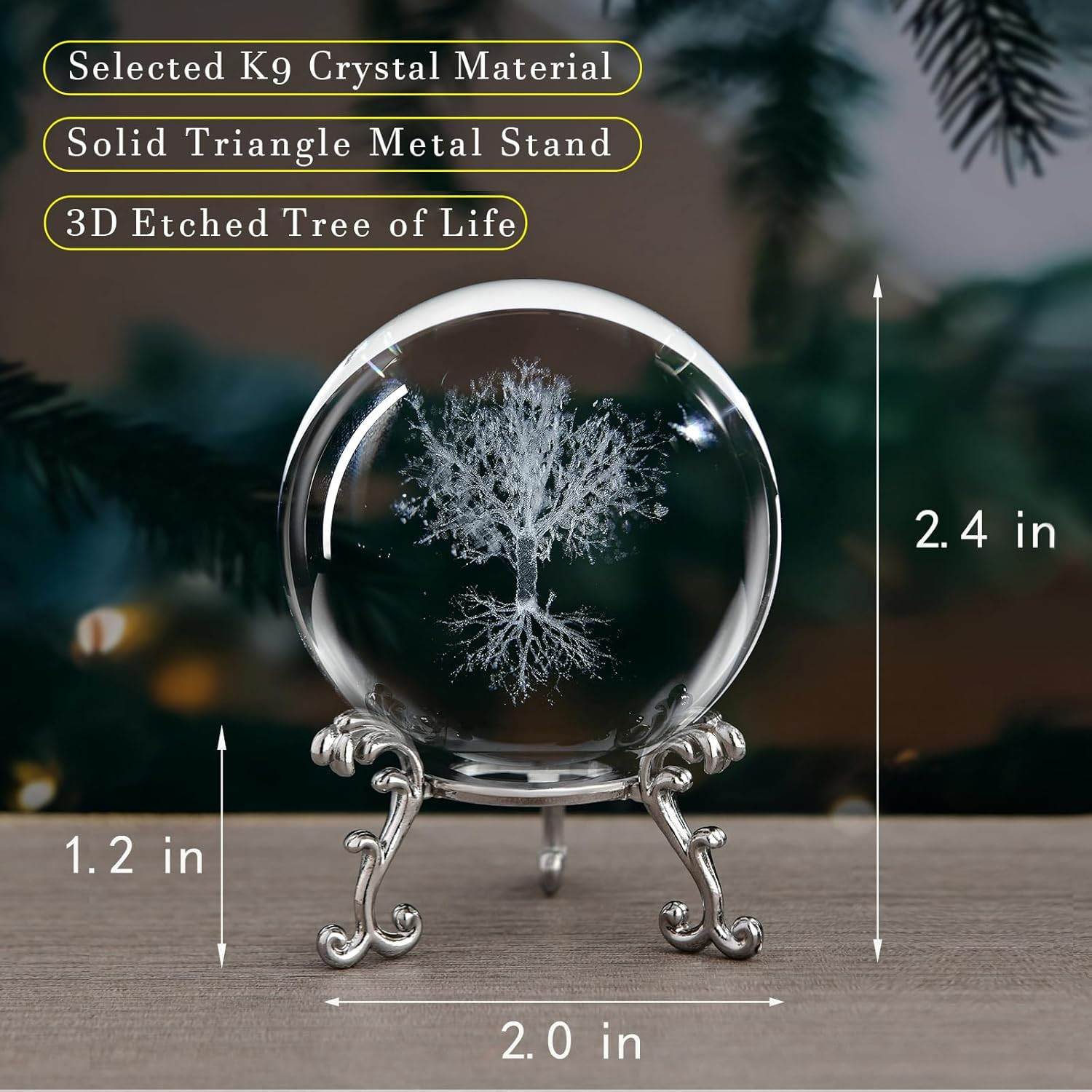 Tree of Life Crystal Ball with Stand, 60Mm 3D Laser Engraved Glass Sphere Decora