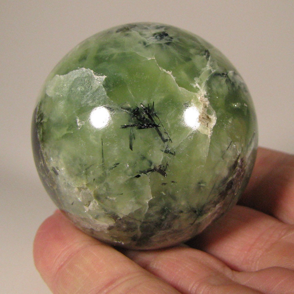 2.1″ Green PREHNITE w/ TOURMALINE, EPIDOTE Sphere w/ Stand – Australia – 53mm