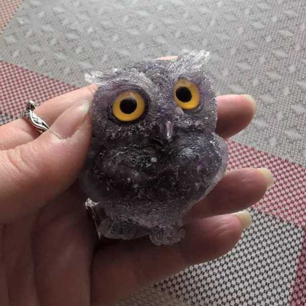 Amethyst Crystal Owl Figurine Natural Gemstone Bird Statue Home Office Decor