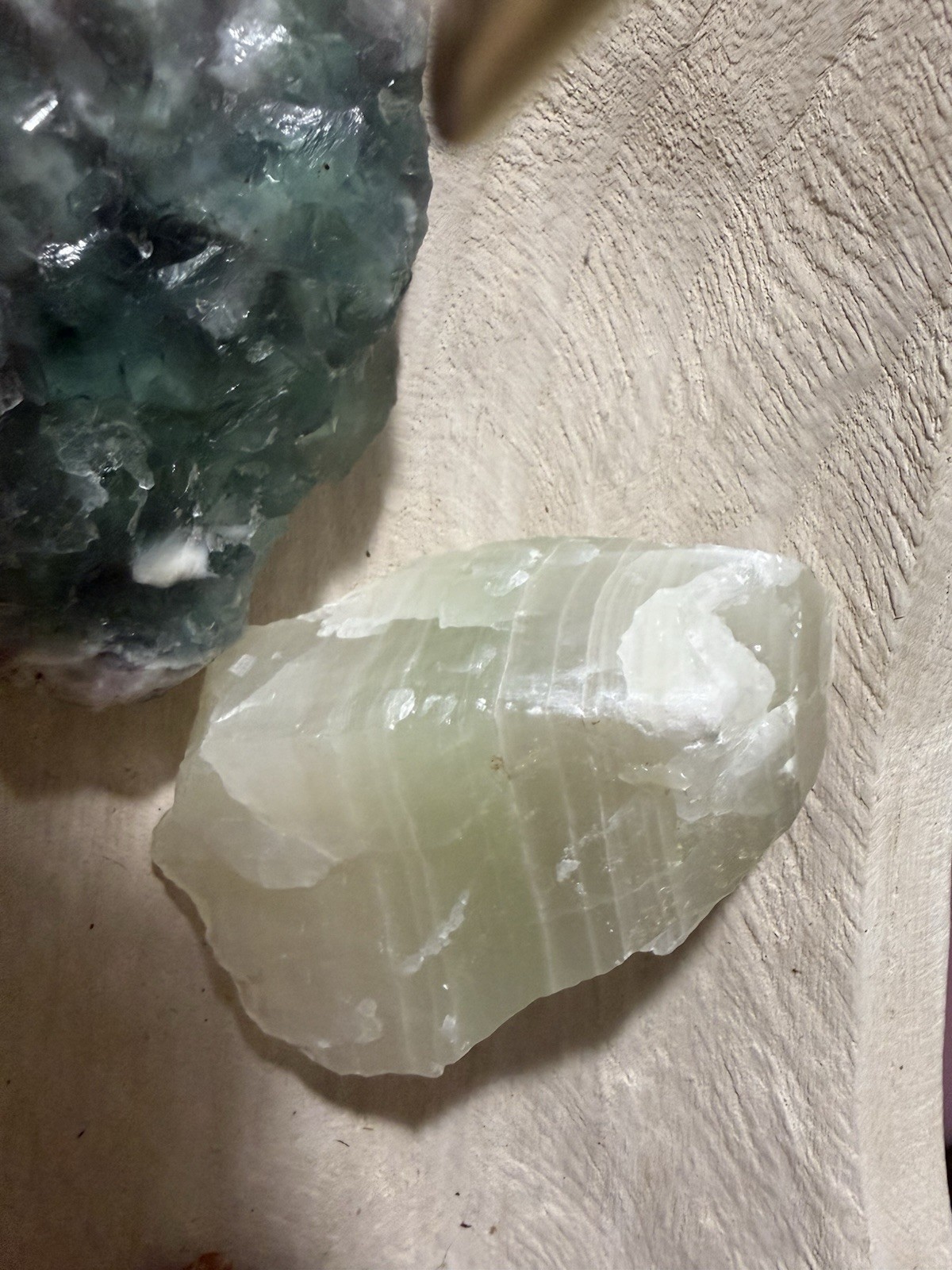 Lot of 3 Rough Mineral Crystal Specimens Green White Orange/Brown Rocks w/ bowl