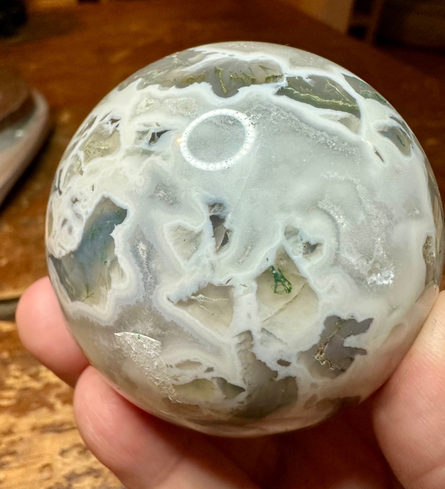 Light green moss agate crystal sphere with druzy metal stand Free shipping