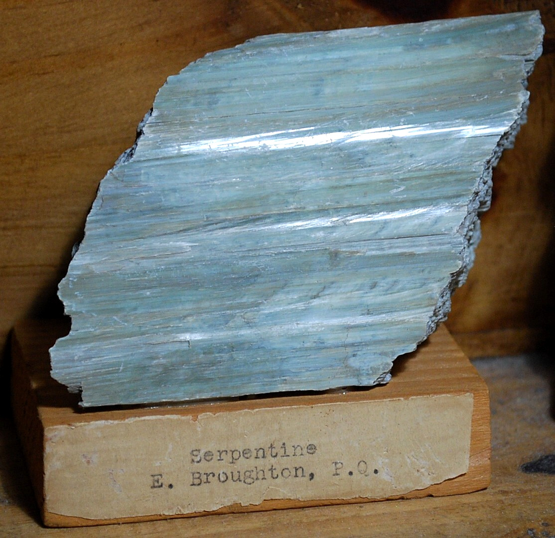 Natural GREEN SERPENTINE STONE Mineral MUSEUM NMBR SPECIMEN Quebec MOUNTED 4.25″