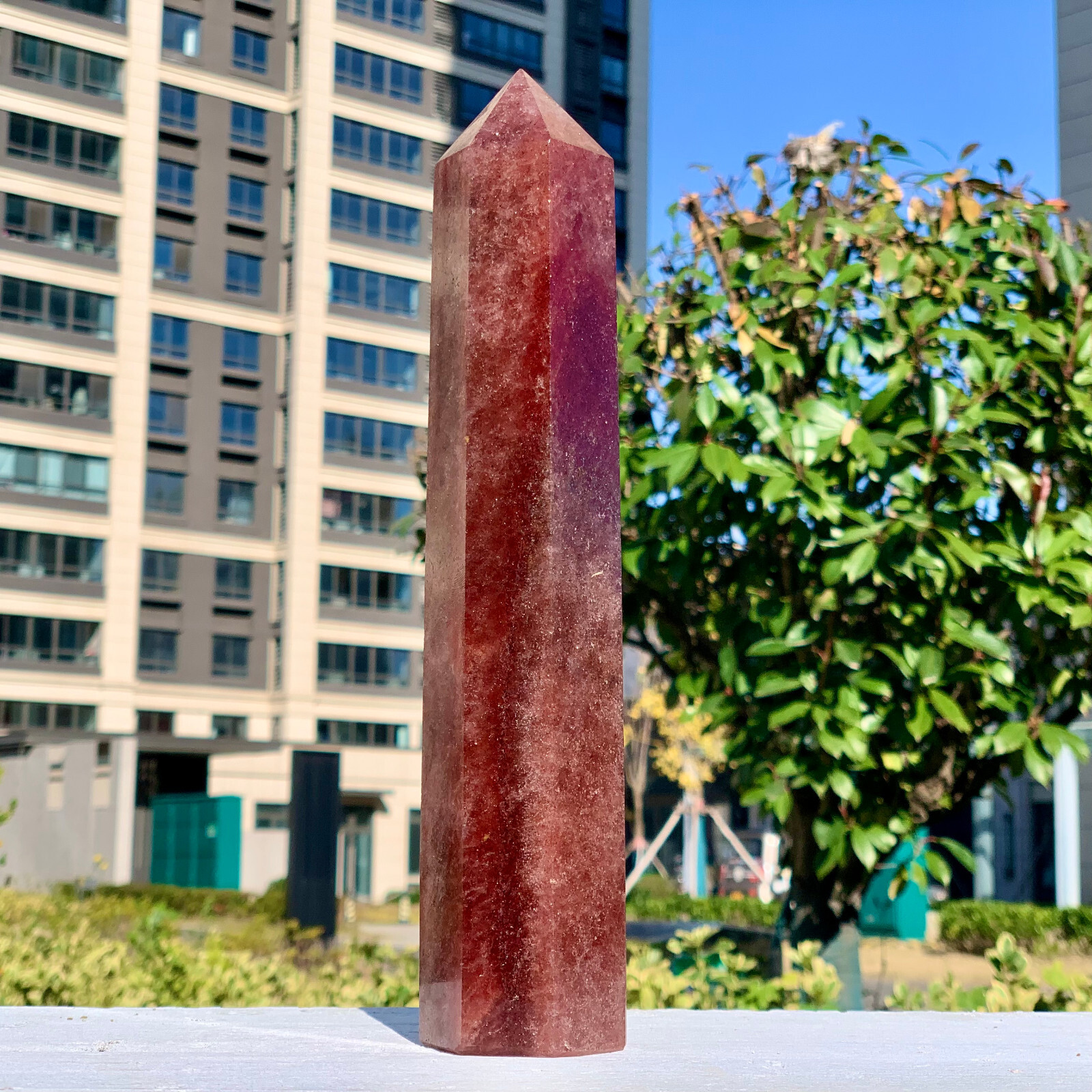 2.02LB Natural Large Strawberry Quartz Crystal Tower Point Obelisk Red Chakras