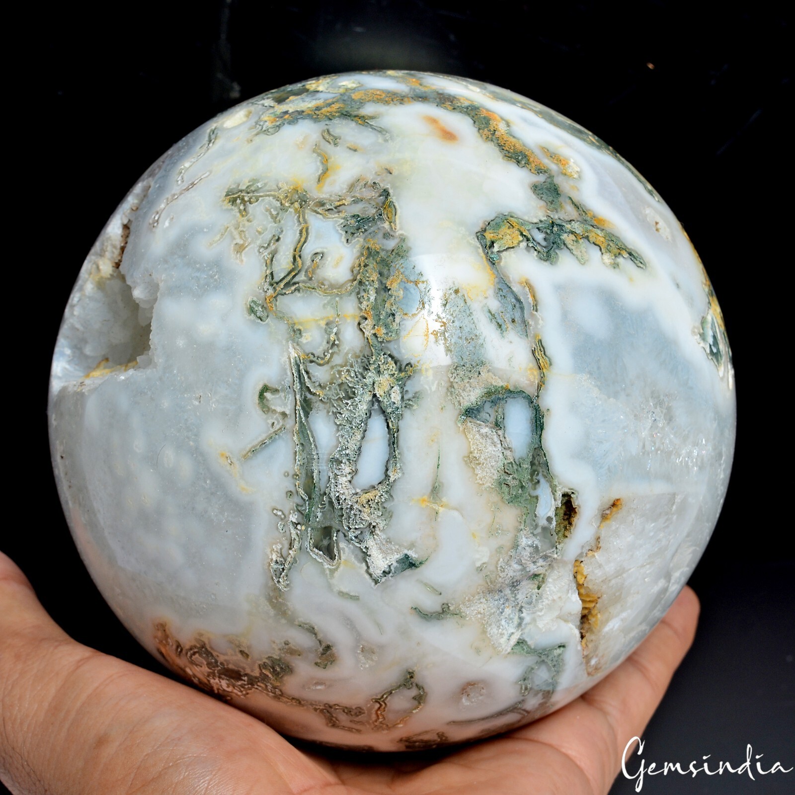 2.7 Kg Natural Moss Agate Crystal Druzy Sphere With Wood Stand 5″ Round Ball