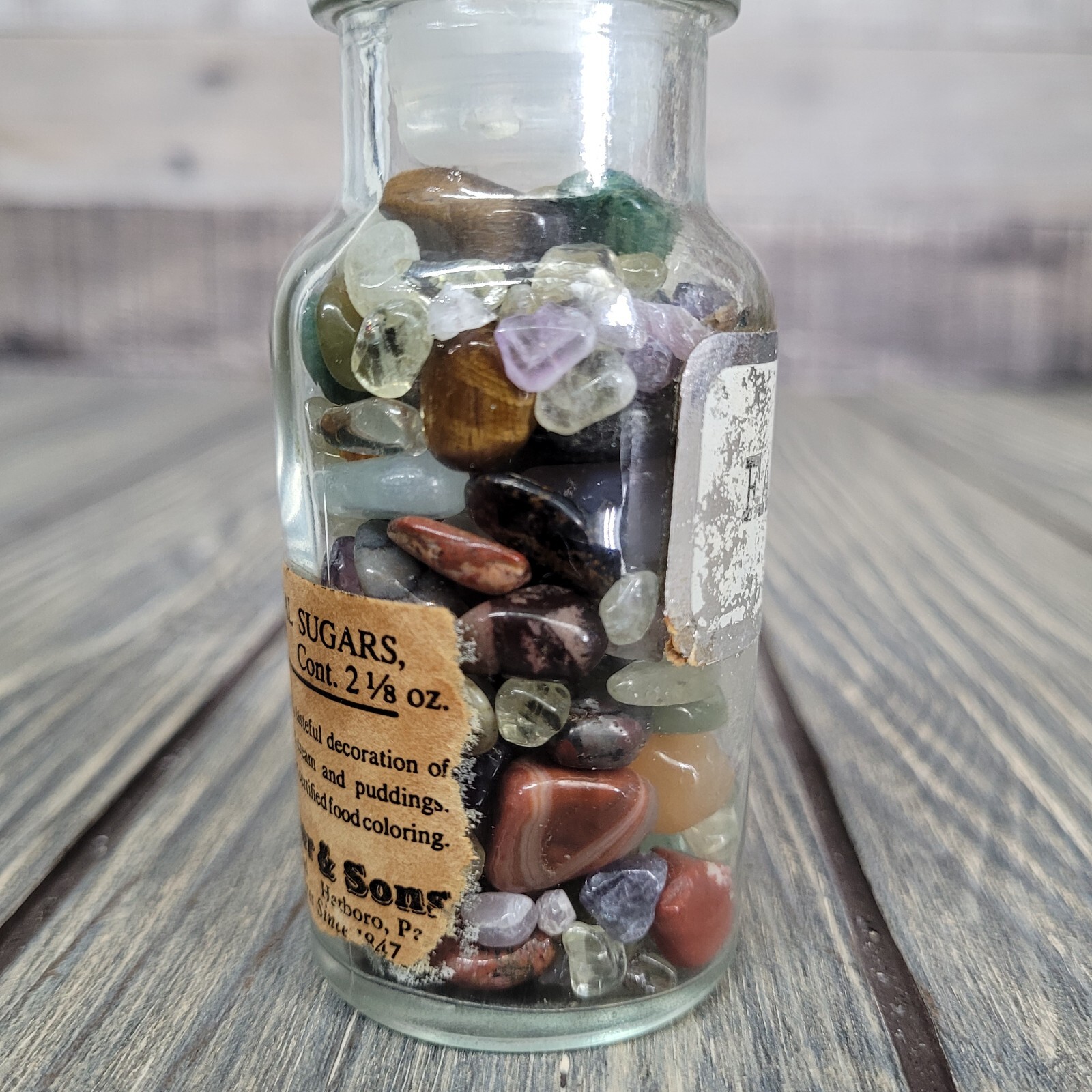 4oz Crystal Tumbles in Apothecary Vintage Glass Jar “Fancies” Label Wagner Spice
