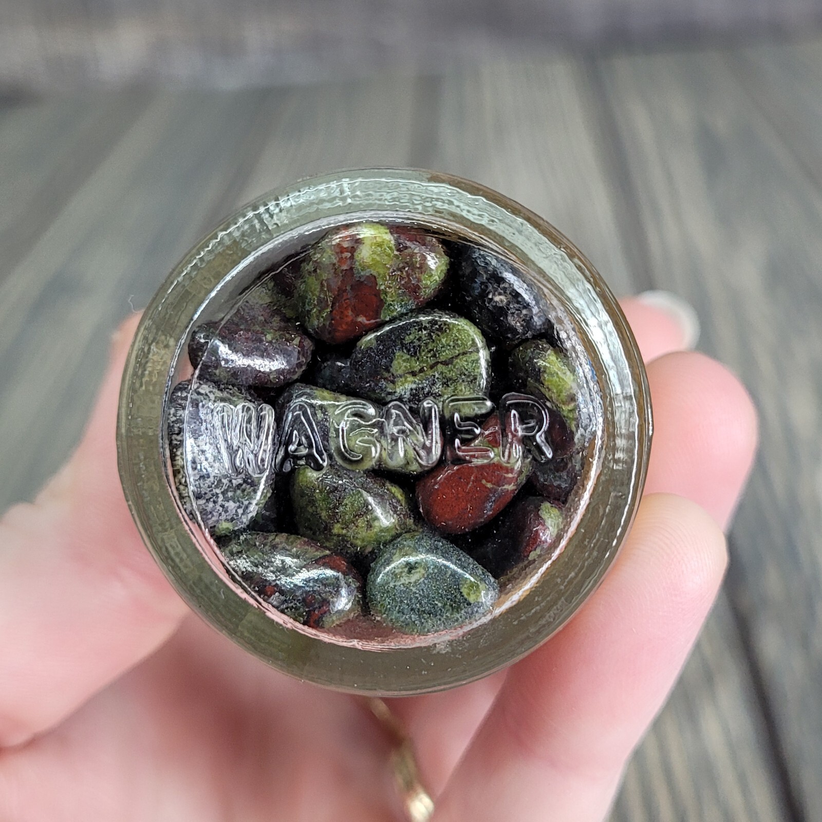 Dragon Blood Jasper 1/4lb Stone Tumbles in Vintage Apothecary Glass Jar Wagner