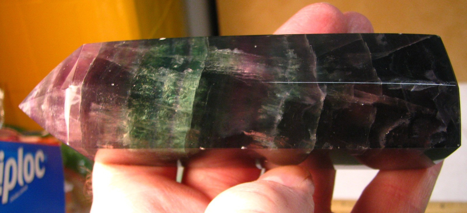 .9lb 5.25inchs GREEN/PURPLE FLUORITE TOWER (BLUE FLUORESCENT) BRAZIL #183