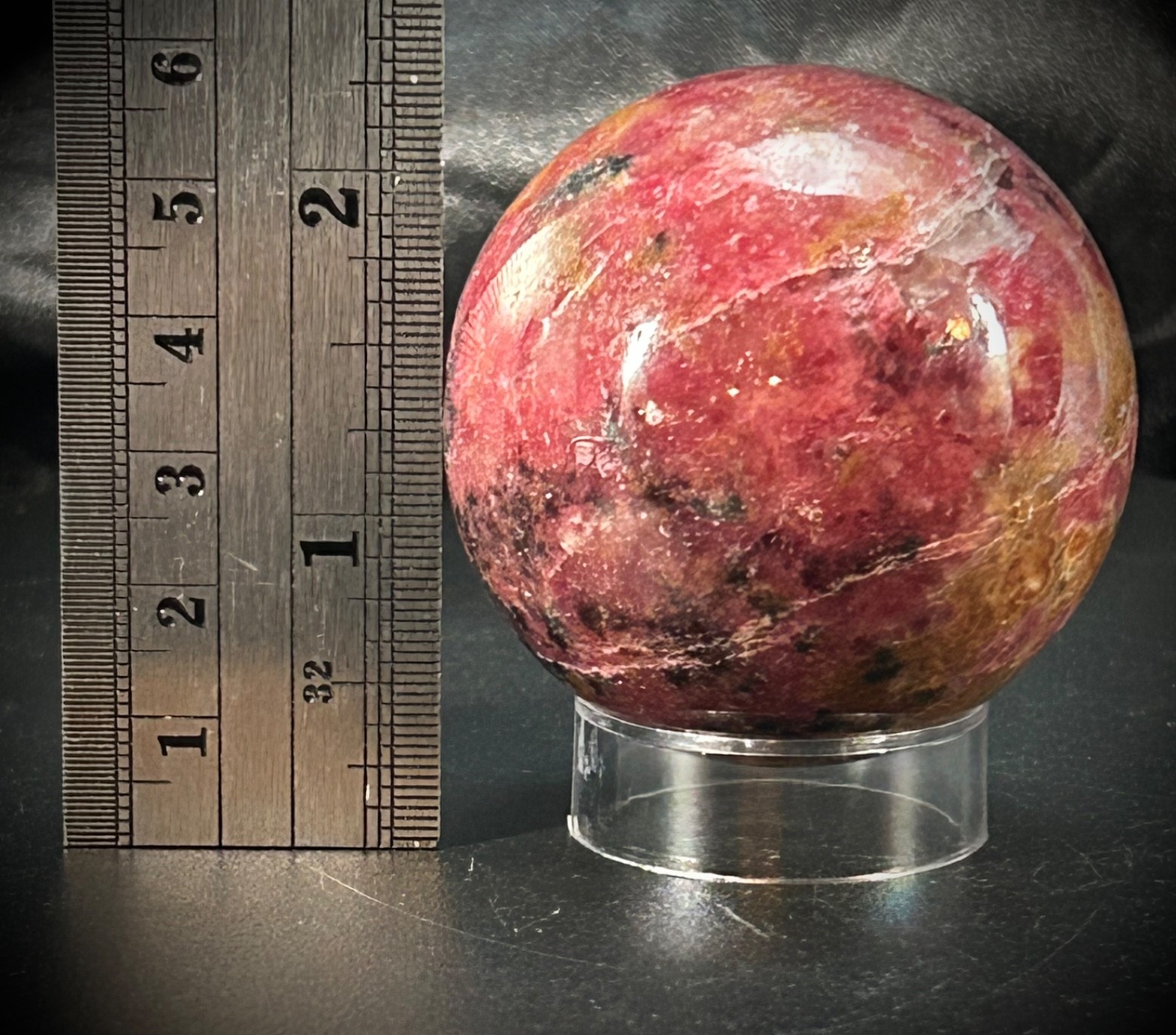 2.06″ Rhodonite Sphere With Acrylic Stand 9.9oz (281 grams)