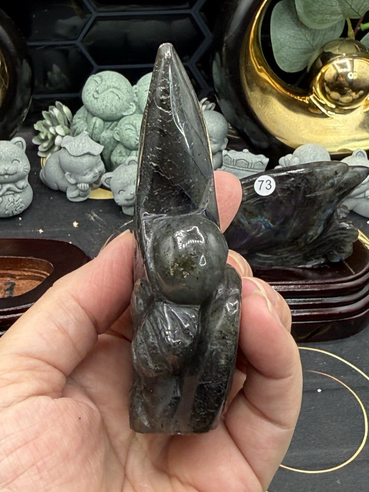 Natural Labradorite harbor porpoise Carving w/ custom stand Rainbow/Purple Fash