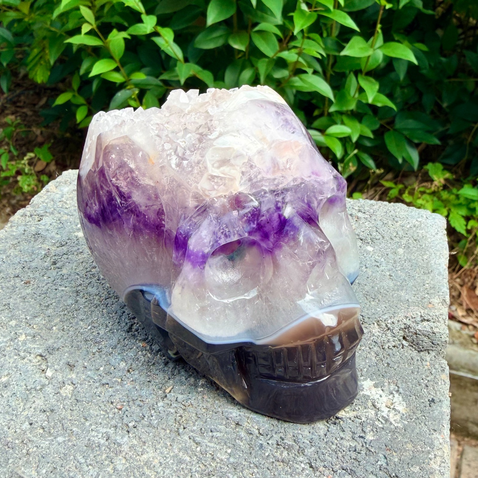 1.87lb Amethyst agate crystal cave skull, Rare hand carved skull specimen