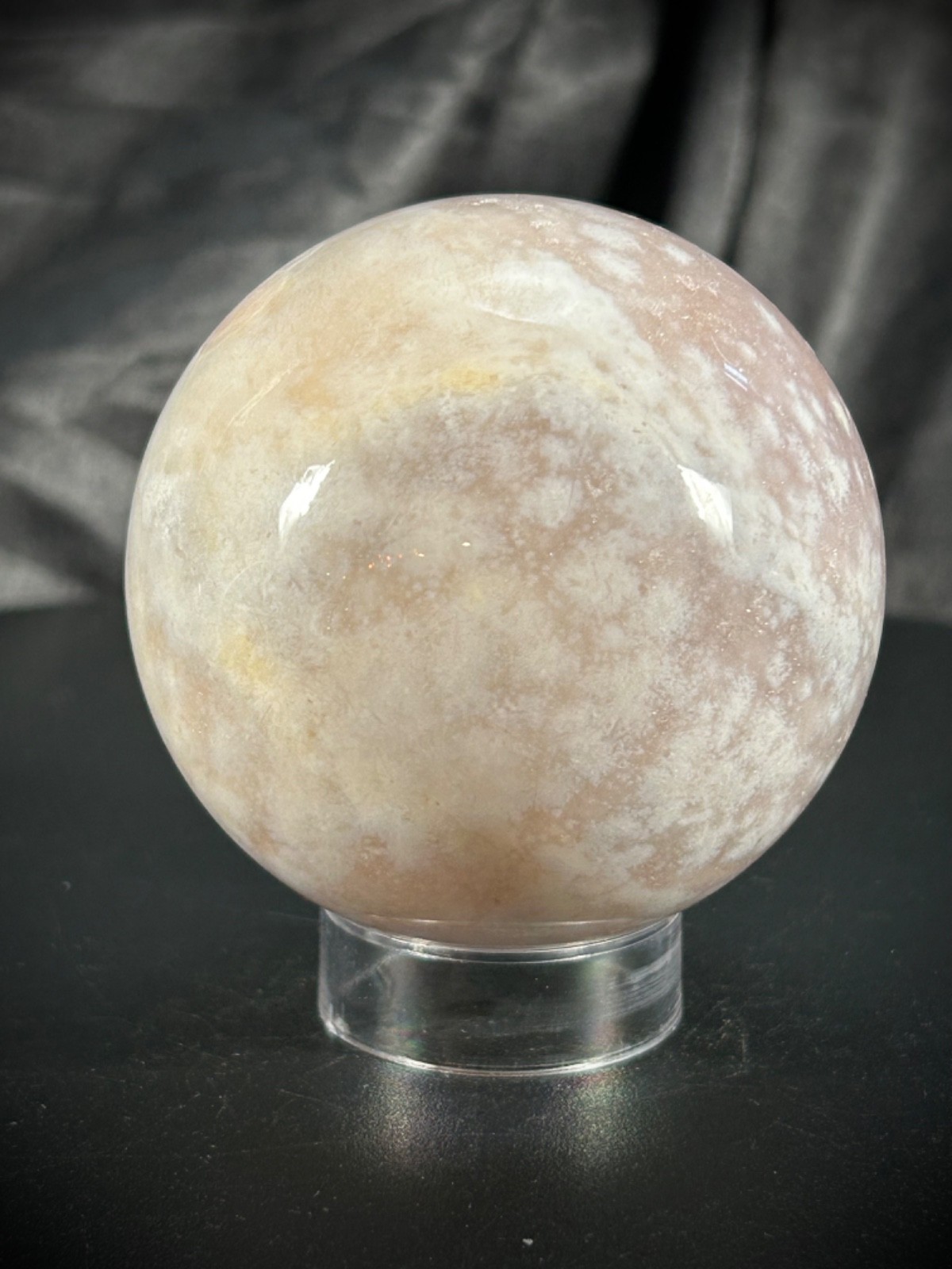 2.5″ Pink Amethyst & Flower Agate Sphere With Acrylic Stand 12.6oz (357 Grams)