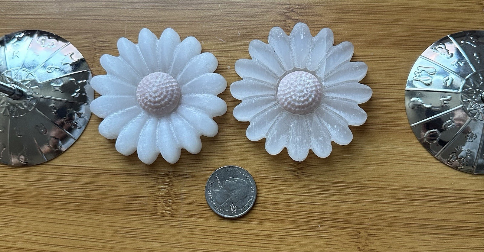 Selenite And Pink Opal Sunflowers Set With Metal Stands