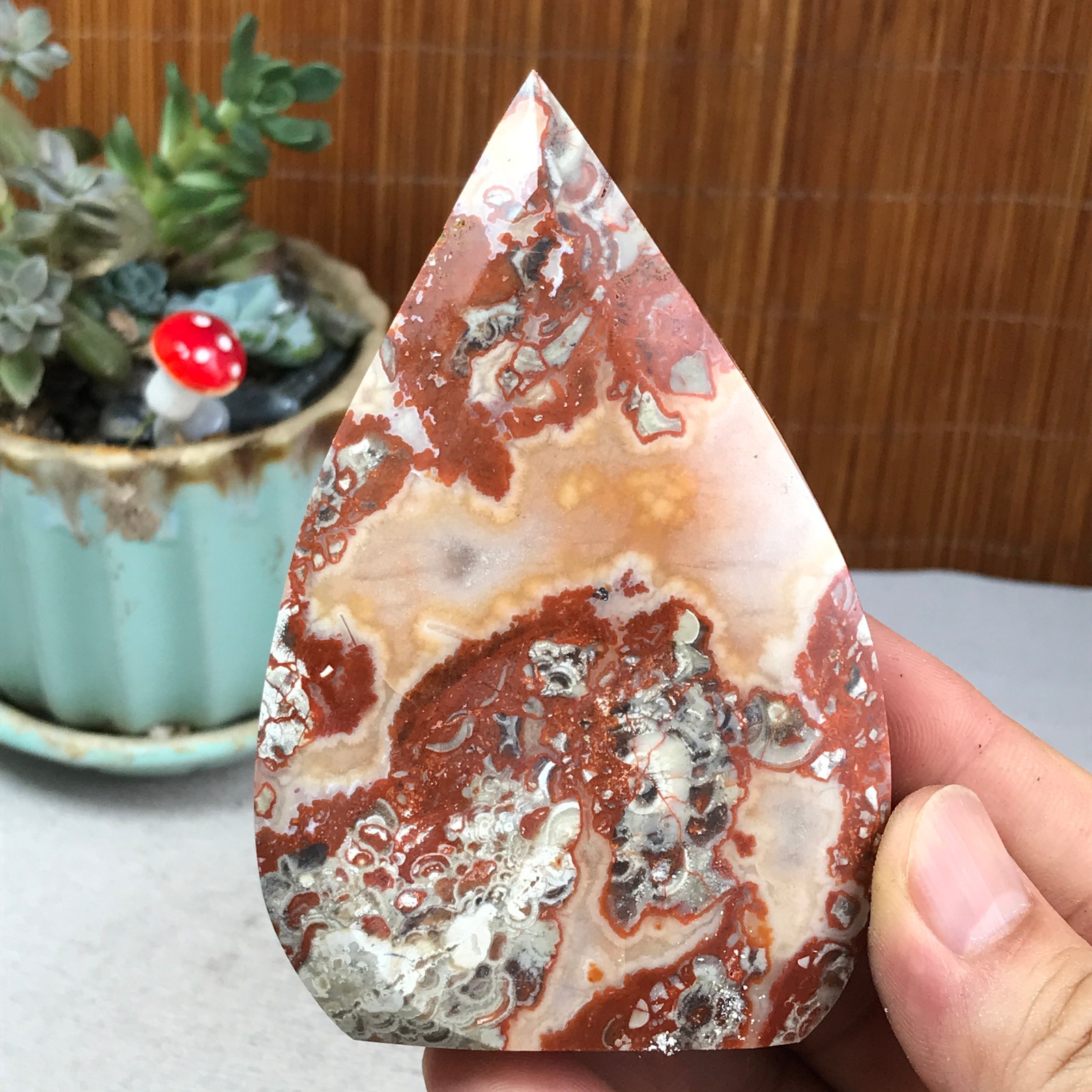 Natural money Mexico agate hand carve leaf Crystal Specimen free standing A6263
