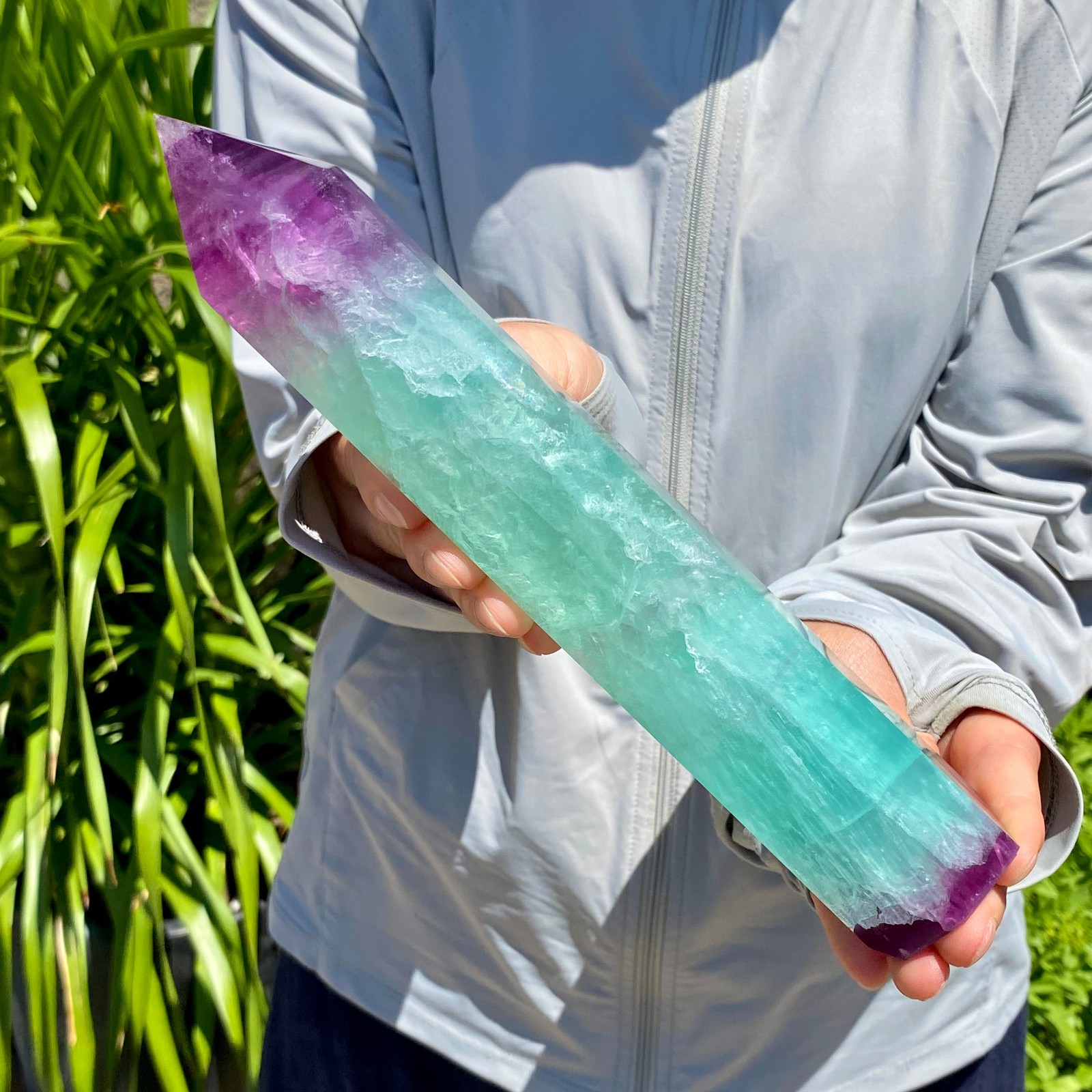 2.16LB Natural Rainbow Fluorite Obelisk Quartz Crystal Wand Tower Point Healing