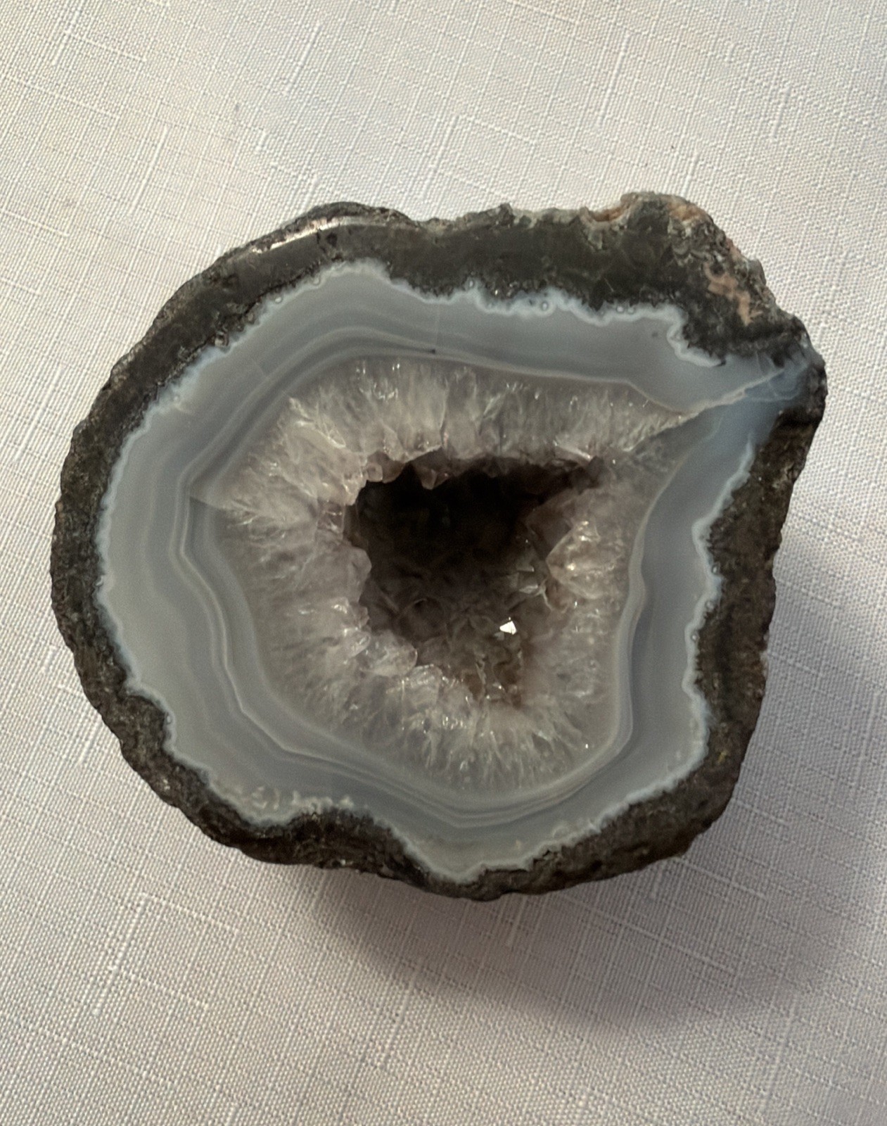 (2) 4” 814g Agate Geode Christal Cut and Polished Round Gray/Blue